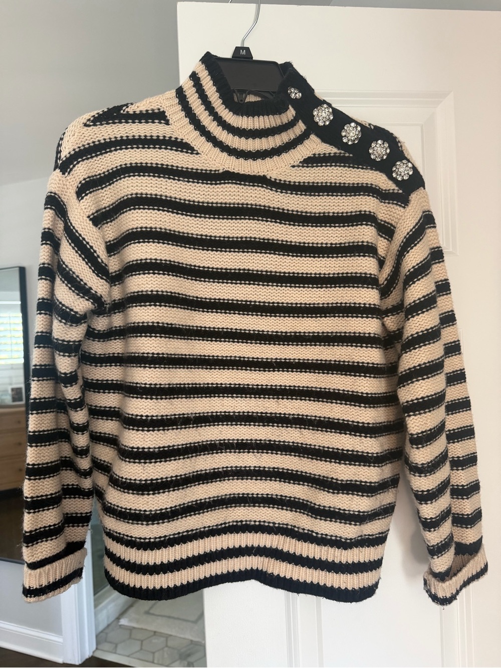 J. Crew Black and Cream Striped Turtleneck Sweater with Jeweled Shoulder Buttons